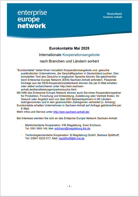 Titelseite der PDF 'Eurokontakte' mit Informationen zu internationalen Kooperationsangeboten des EEN Sachsen-Anhalt.